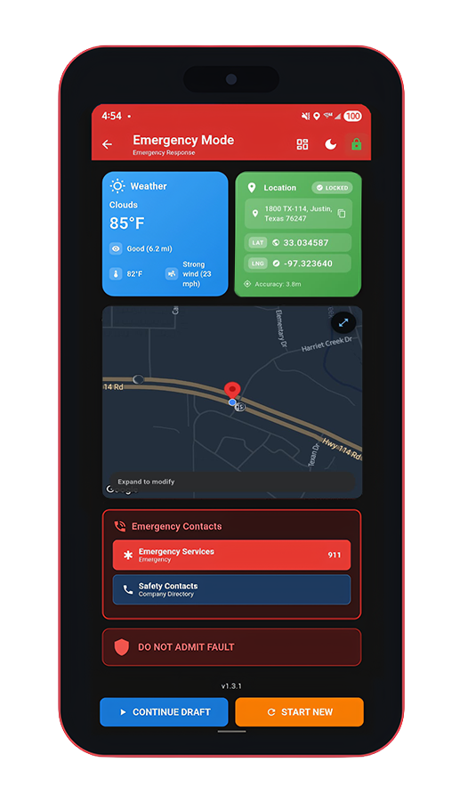 CrashTrak Emergency Mode on a phone: weather, locked location fields, map, emergency contacts, and report actions